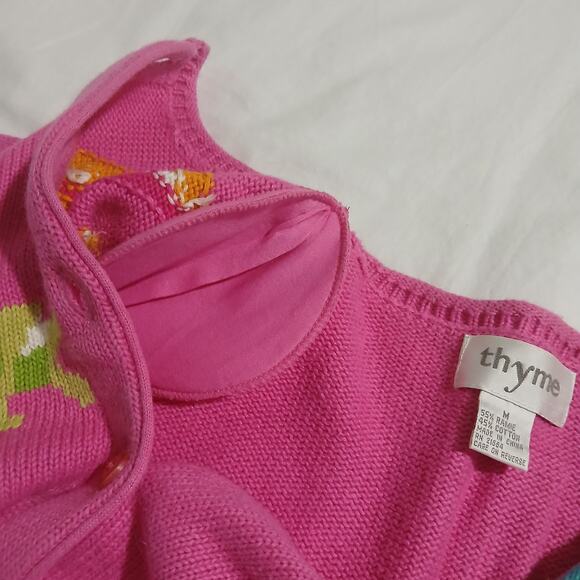 Vintage THYME Medium Ramie/cotton Hot Pink Cardigan TROPICAL FISH sweater - Picture 9 of 15